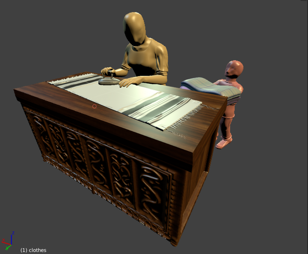 The same chest as above, now with a wooden finish. Two people have been added to the scene, a woman and a child. The mother is ironing a tallit, a striped prayer scarf, as the child carries laundry to her.