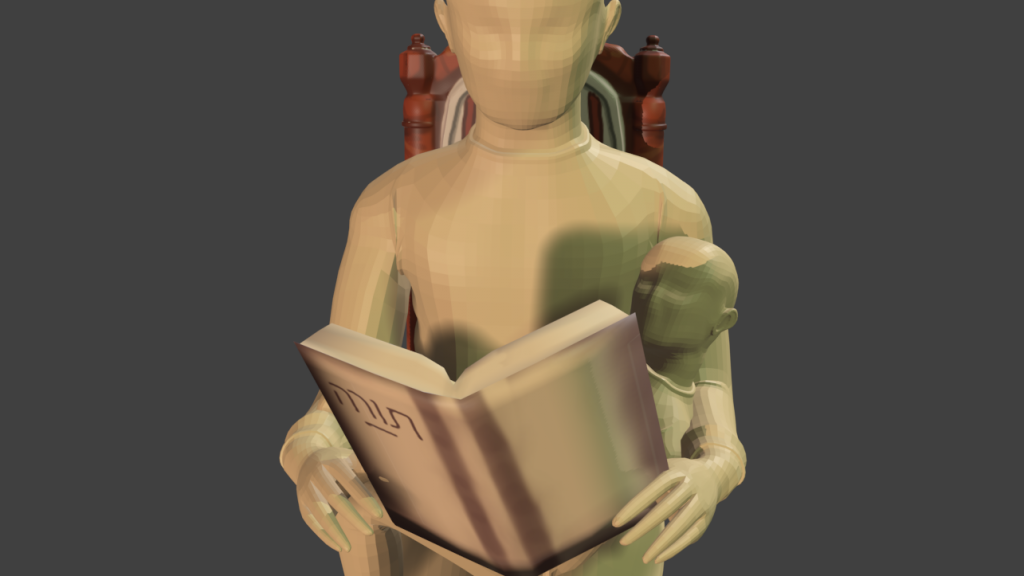 Close up of the 3D render. Father and child are reading together from a book that says "Torah" in Hebrew on it. They are on antique chair.