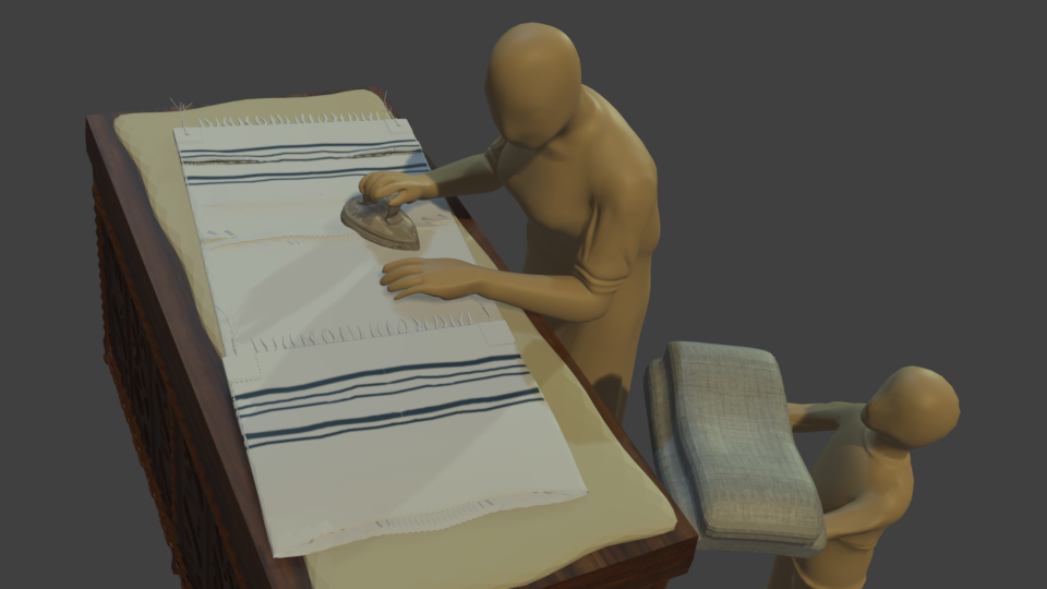 An image of the 3D render. There is a tallit gadol, a white large scarf with blue stripes and fringes laid on top of a brown wooden box. It is being ironed by a woman with no face or distinguishing features. Her son is bringing more items for ironing.