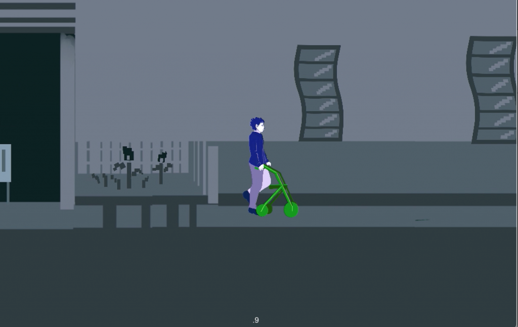 Screenshot from the video game "Walking Simulator" of the protagonist walking with a rollator.